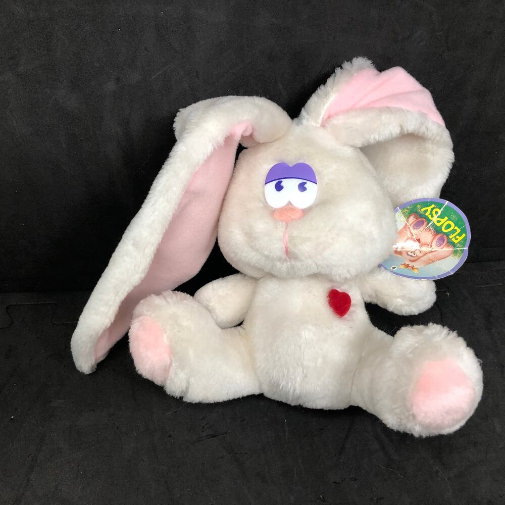 Russ Flopsy Easter Bunny Plush 7" Body White Rabbit Long Ears‎ Red Heart 910